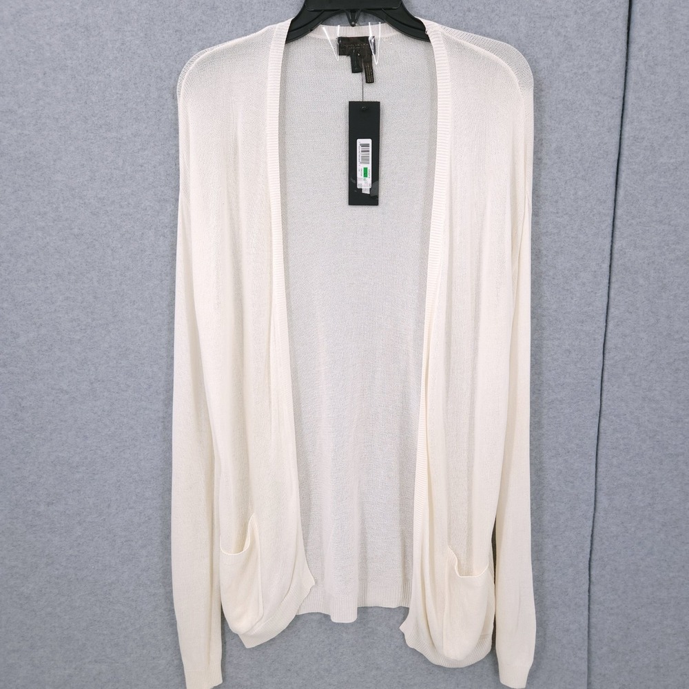 Donna Karan Long Sleeve Open Front Pockets Cream Cardigan Womens  L READ